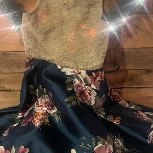 Girls size 12 dress.  Hunter green colored dress,  flowers & lace top with Gold